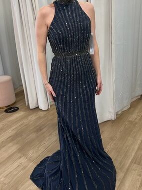 Jovani Navy High-Neck Beaded Column Gown